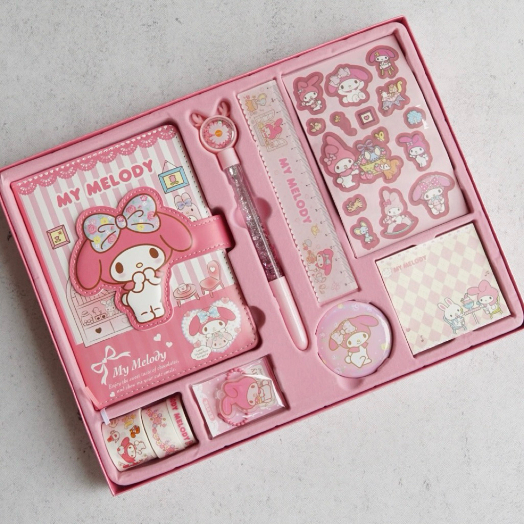 

Ay00! Sanrio 9 in 1 Stationery Gift Box my melody kuromi size 34x26x4cm set alat tulis hadiah