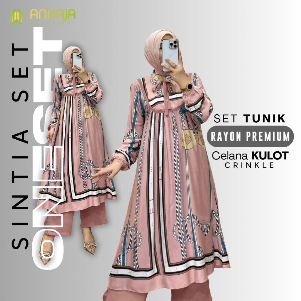 Oneset setelan wanita long tunik SINTIA motif wayang busui LD 110 - LD 115 bahan rayon mix crinkle