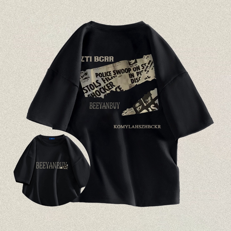 RENELLE Baju Kaos Oversize Pria | Dengan Tulisan Koran Kaos Hitam | Kaos Pria Distro Original | Baju