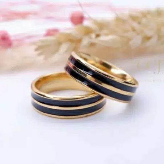 Cincin stainless steel hitam emas tunangan couple pria wanita kado toko cica murah