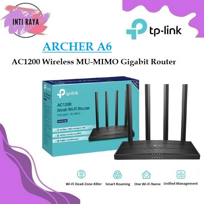 TP-Link Archer A6 AC1200 Wireless MU-MIMO Gigabit Router ArcherA6