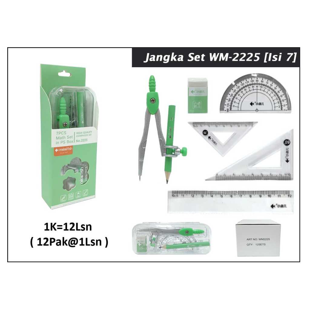 

jangka set merek mini fish ( since 1997) kemasan hijau kode 2225 ( penggaris 4, jangka penghapus, pensil) 7 in 1