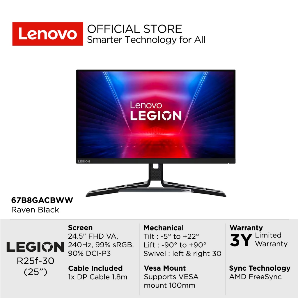 Lenovo Legion R25f-30 Monitor Gaming CBWW 24.5" FHD (1920x1080) VA Anti-glare WLED 240Hz AMD FreeSyn