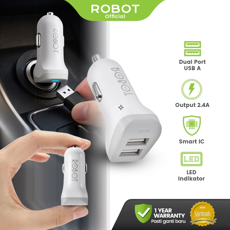 ROBOT RT-C06 Charger Mobil 2 Port USB 2.4A Fast Charging - Smart IC Chip - Colokan Cas HP Auto Detec