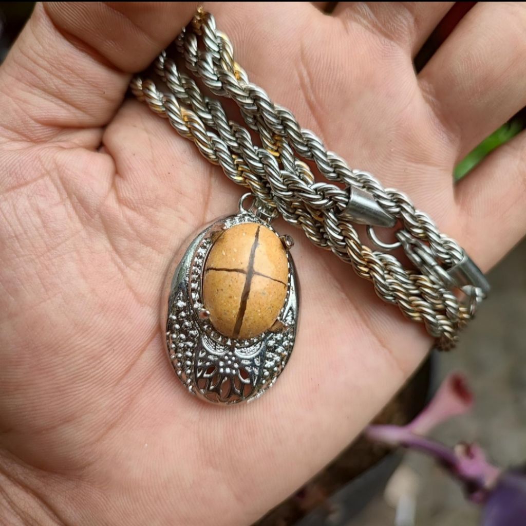 Kalung liontin titanium batu akik tapak jalak coral natural