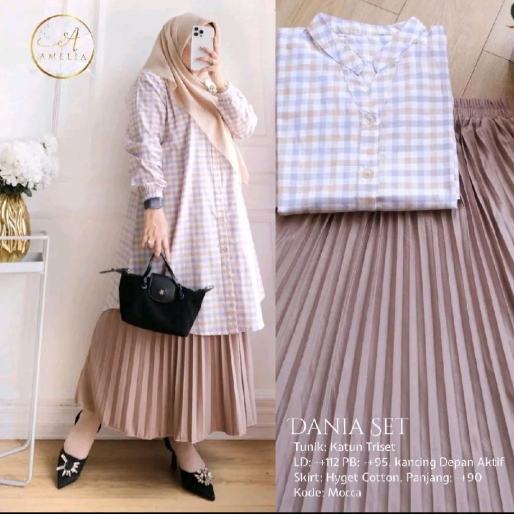 DANIA SET WANITA TERBARU ATASAN TUNIK KATUN TRISET ROK PLISKET PREMIUM KEKINIAN