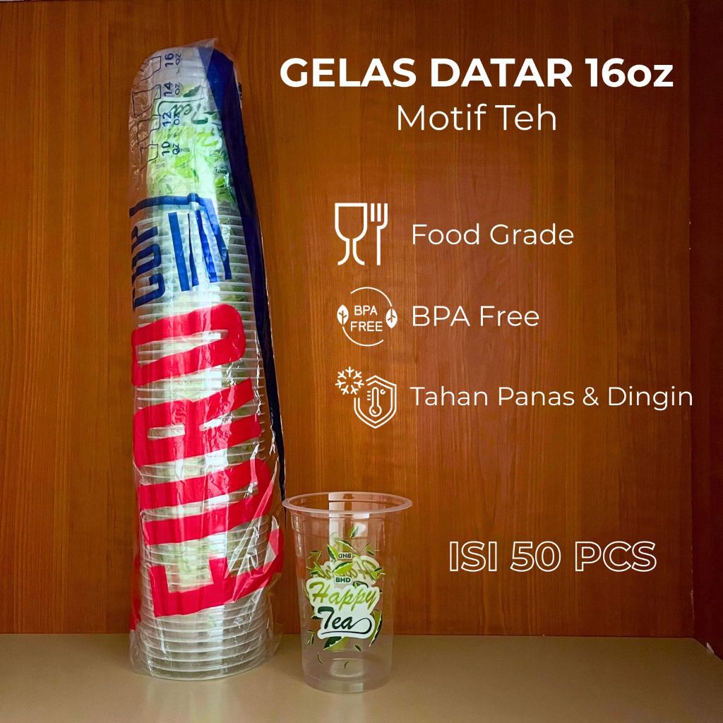 (Grosir ) GELAS PLASTIK 16 OZ 16OZ MOTIF ICE TEA BENING DATAR BESAR ES TUTUP PLASTIK CUP MEREK