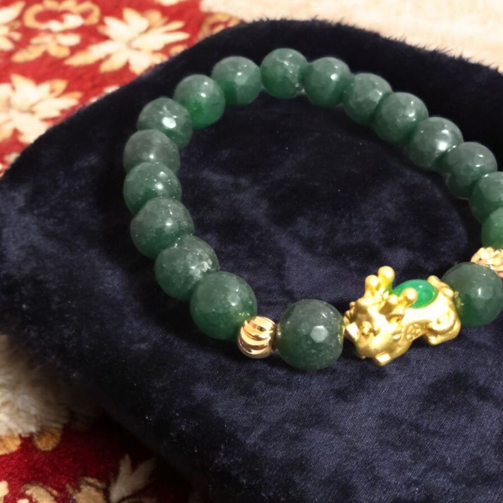 Gelang Giok Hijau Cuttingan Phixiu Piyao Pixiu Naga Emas Jade burma uk 10 mm
