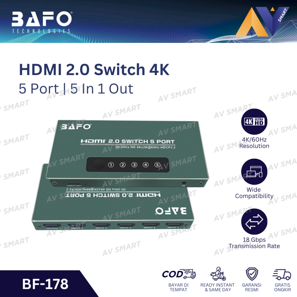 BAFO HDMI Switch 5 Port (5 In 1 Out) 4K BF-178 BF178