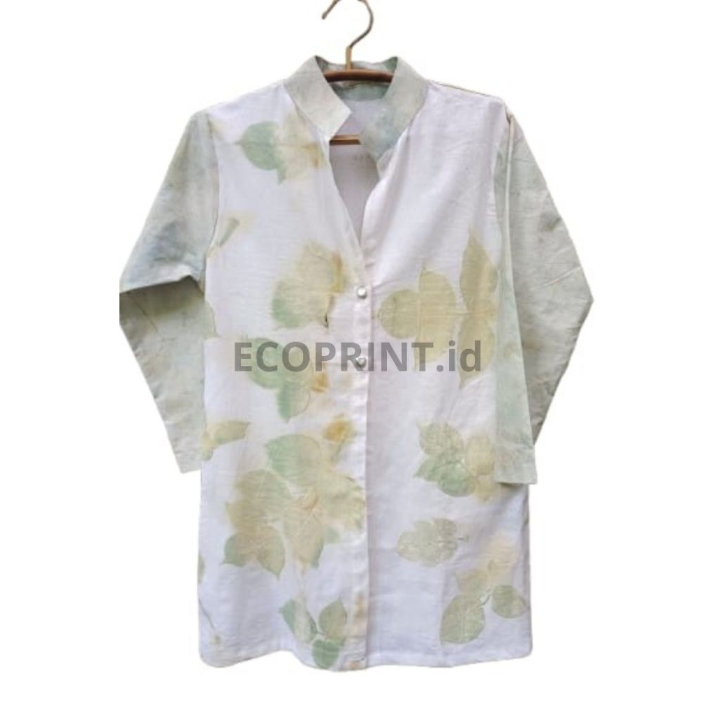 Blouse Nadine Lengan Panjang Motif Daun Ecoprint Pastel Mint | Atasan Tunik Wanita Elegan