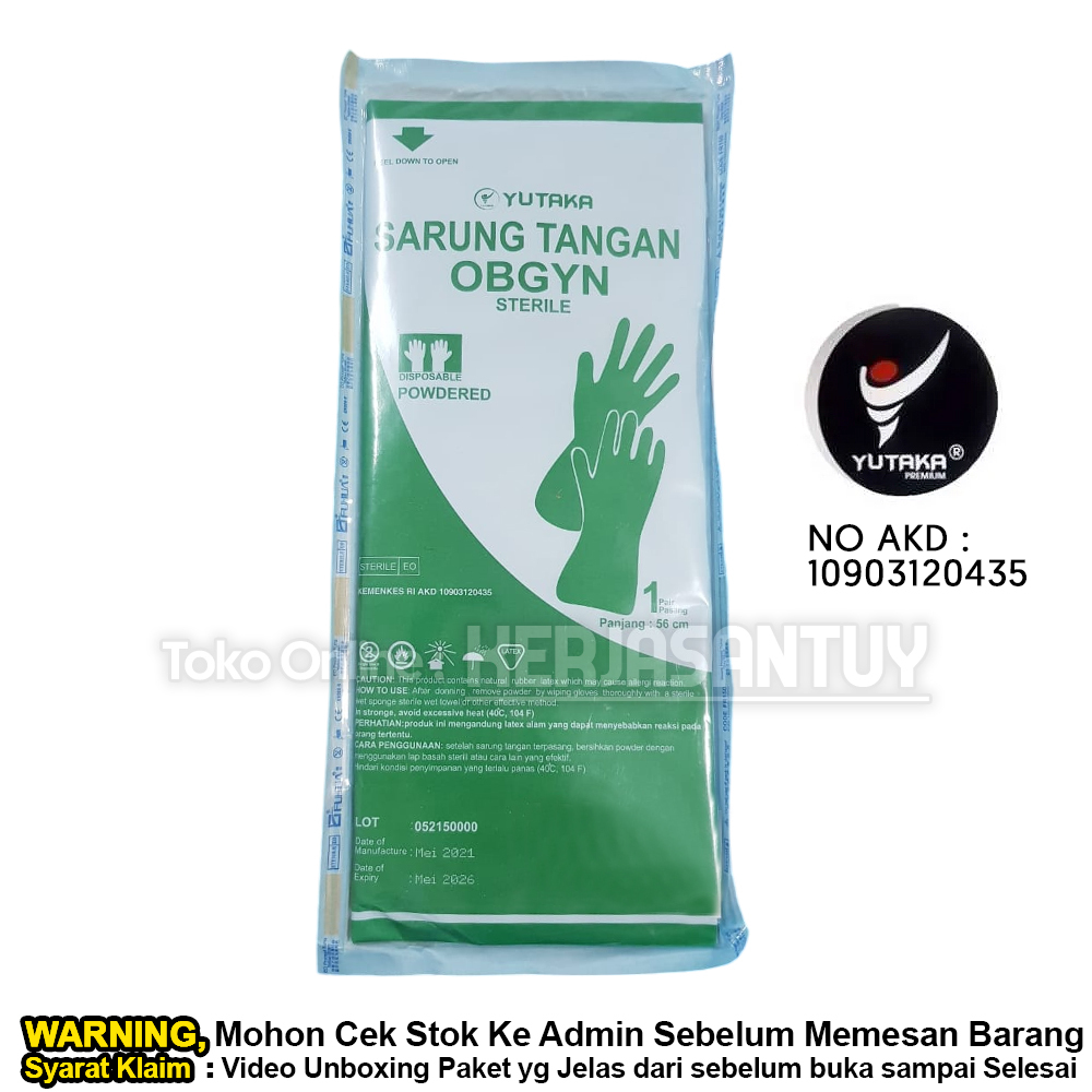 Sarung Tangan Obgyn Karet Latex Steril 56 cm / Yutaka Sarung Tangan Obgyn Steril Powdered / Gynaecol