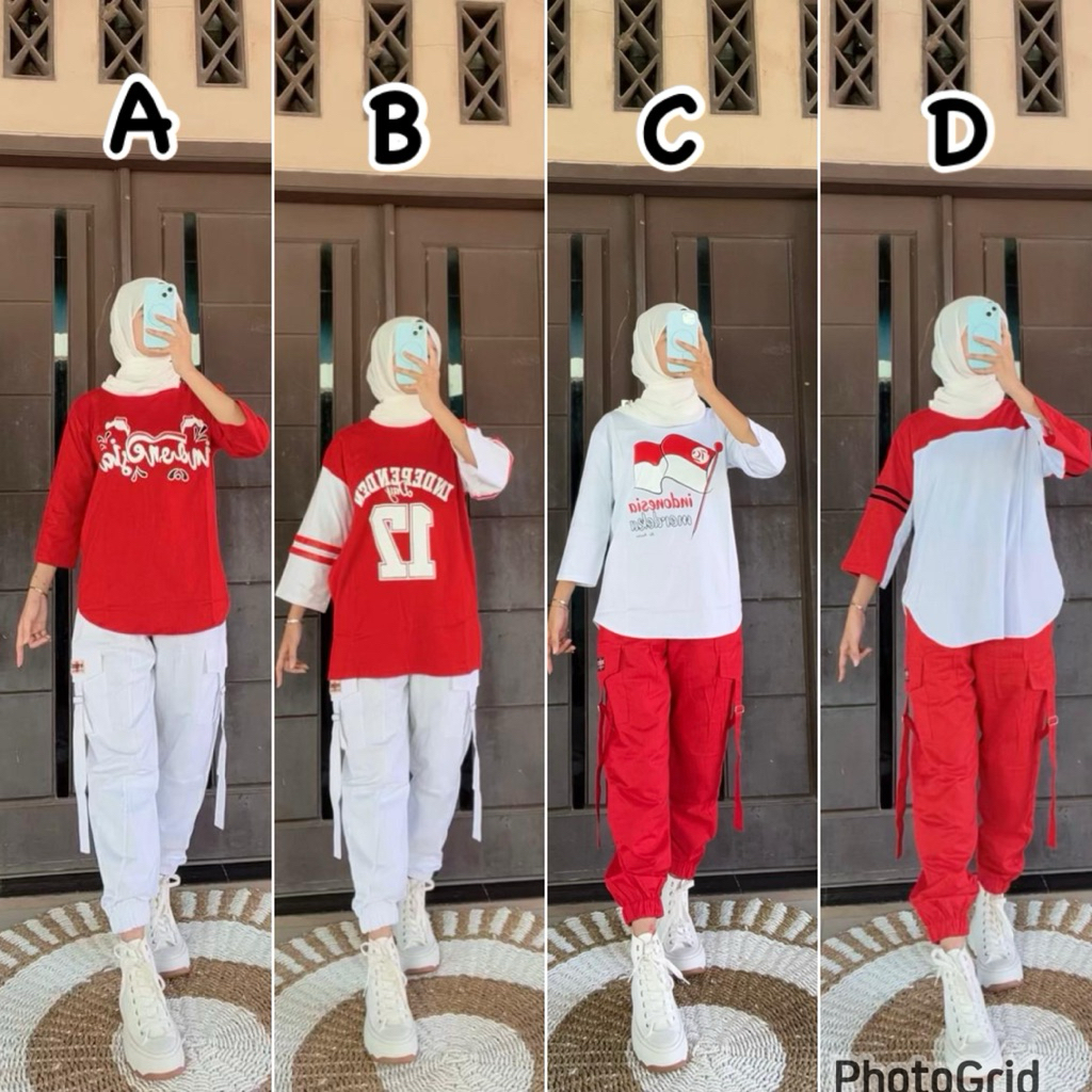 Set Kaos Merah Putih Premium jumbo Combatt // Setelan Kemerdekaan Wanita terbaru