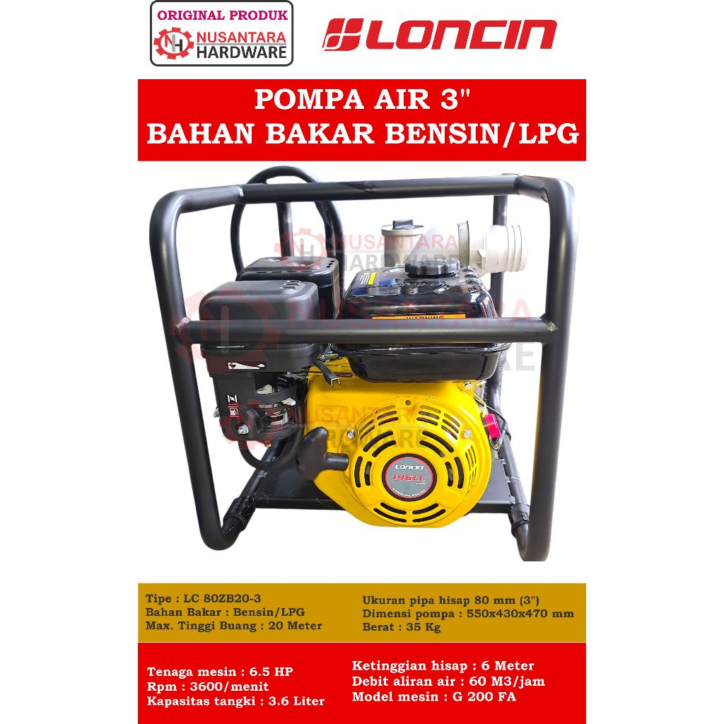 Loncin Pompa Air 3'' Bahan Bakar Bensin/LPG, pompa irigasi 3 inch, pompa sawah 3", pompa kolam lonci