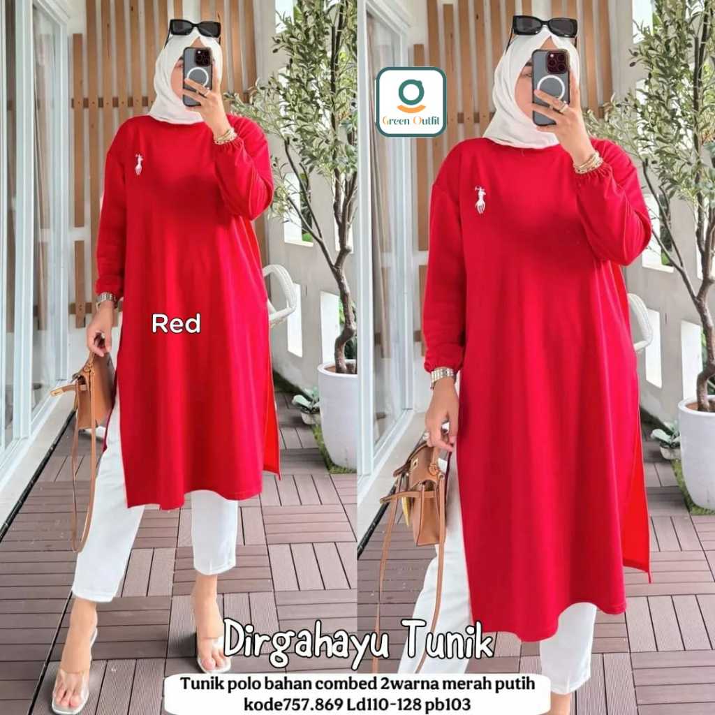 Dirgahayu atasan long tunik merah putih agustusan wanita jumbo ld 110 -128 polo combed polos premium