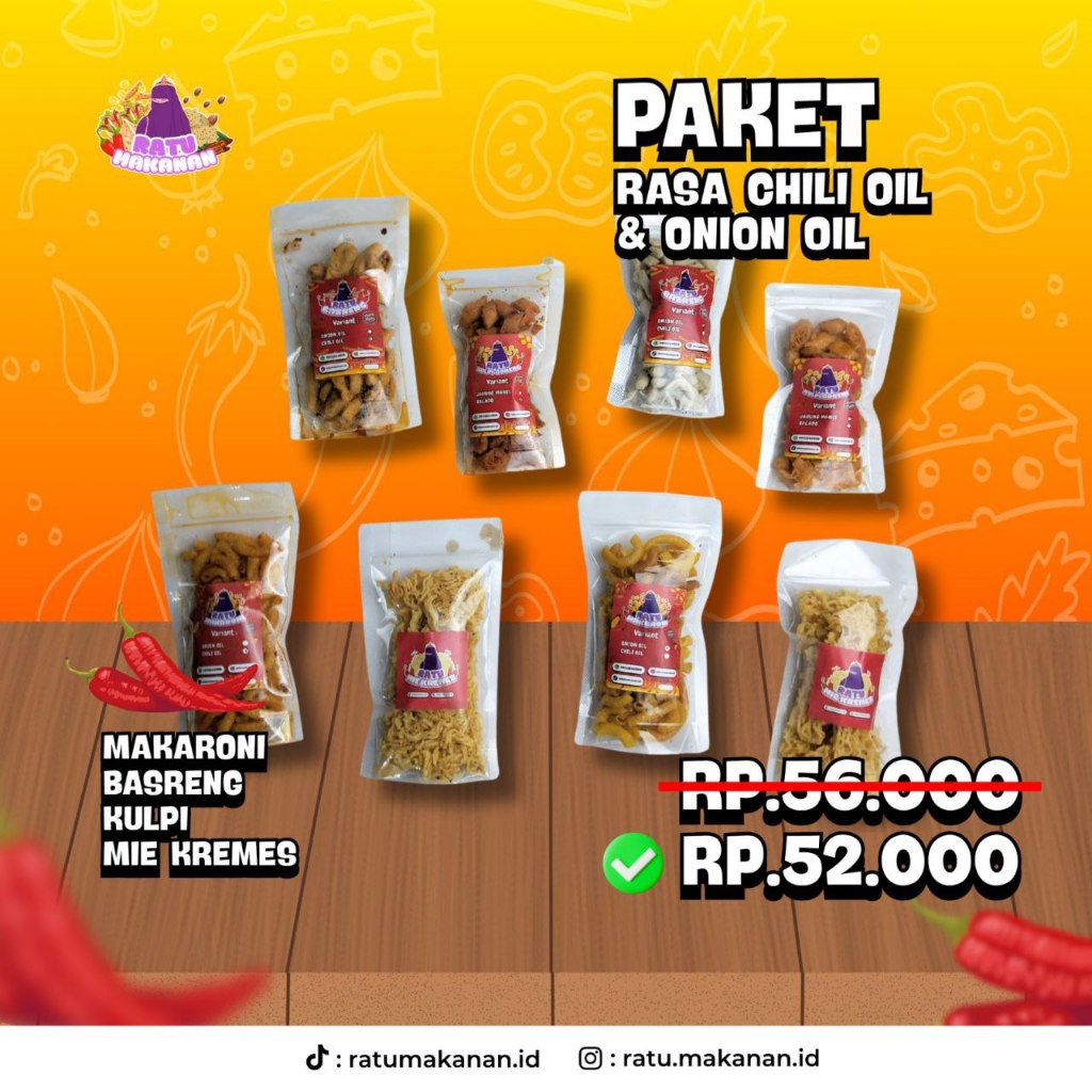 

CEMILAN PEDES PROMO BUNDLING BASRENG MAKARONI CHILI OIL DAN ONION OIL SEMUA VARIASI