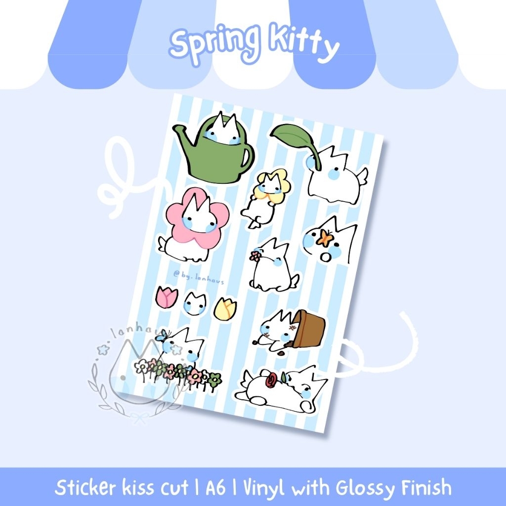 

LANHAUS - Spring Cat sticker sheet | Deco stiker vinyl kiss cut kucing bunga waterproof
