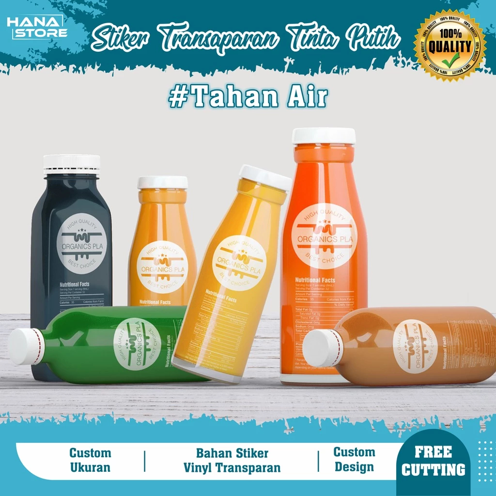 

Cetak Stiker Transparan Tinta Putih / White Ink A3 + Cutting - Label Minuman - Label Kemasan Botol - Stiker Bening Tinta Putih - Stiker Bulat -
