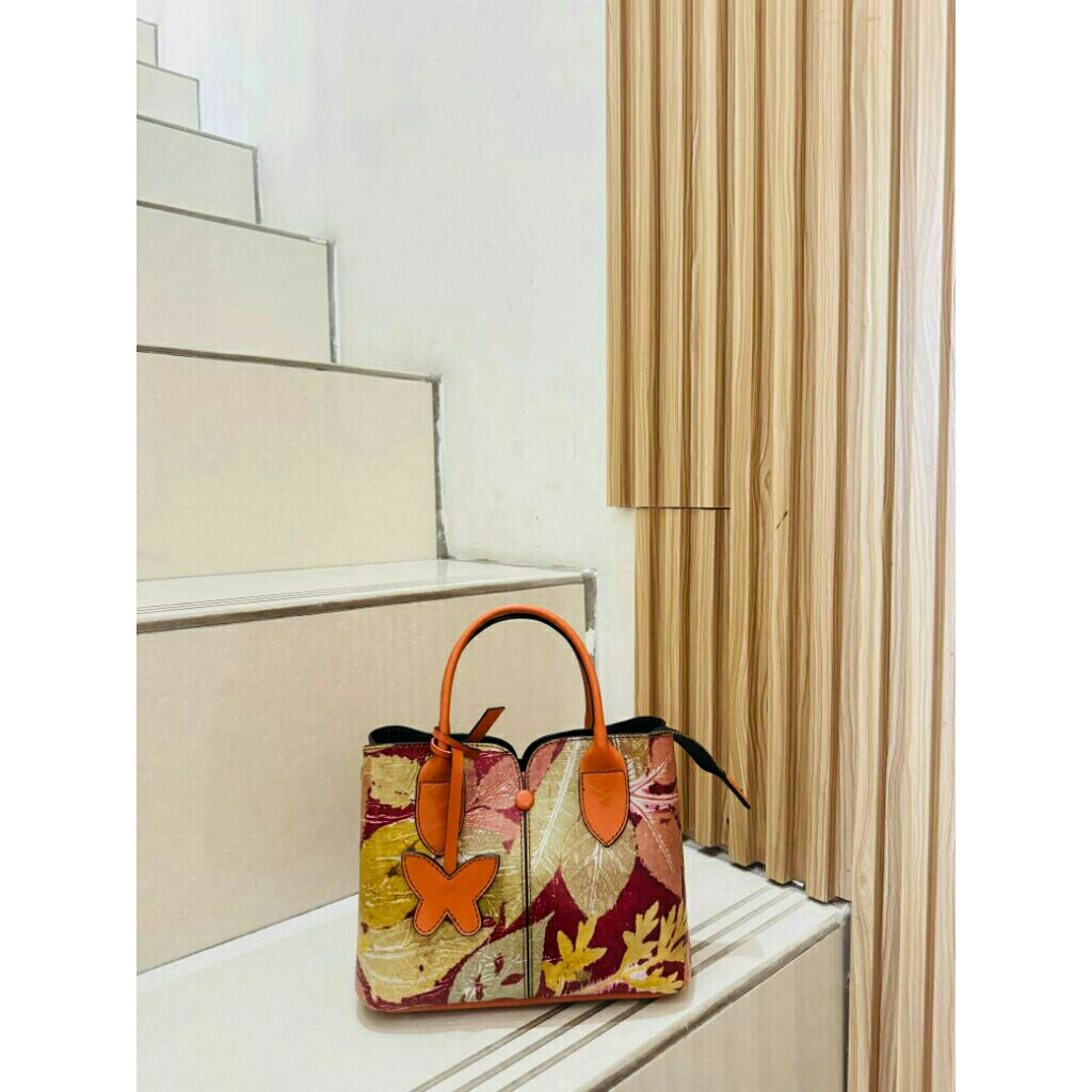 Tas selempang wanita kulit papirut garut size S motif ecoprint full up double tali