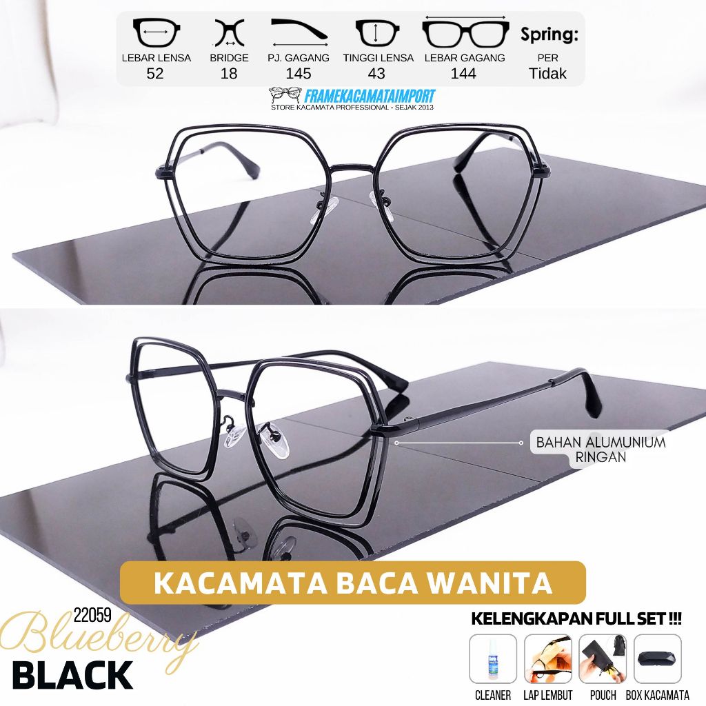 Kacamata Baca Wanita Lensa Lebar Plus +100 +125 +150 +175 +200 +225 +250 +275 +300