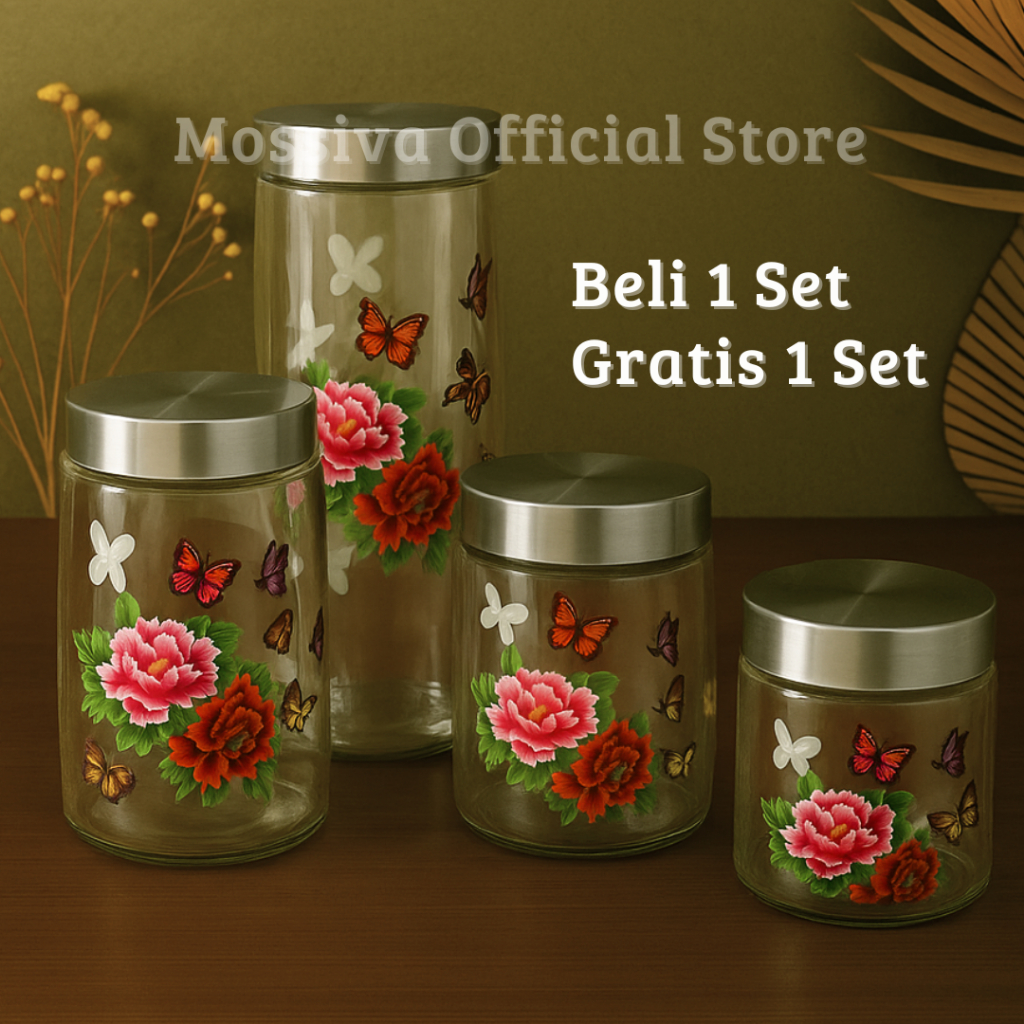 Mossiva Toples Kaca Beli 1 set Gratis 1 Set Premium 4pcs Motif Bunga / Toples Lebaran / Bahan Kaca /