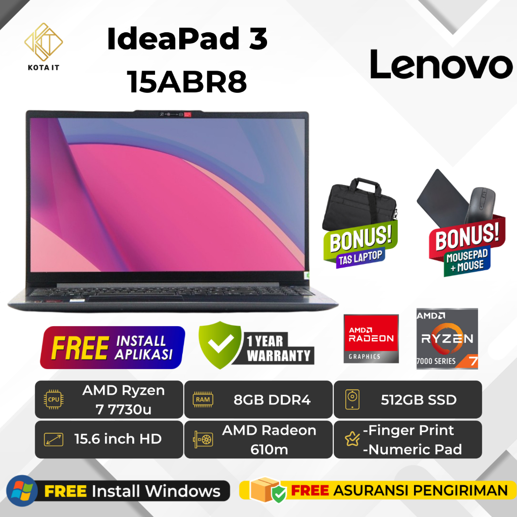 LAPTOP Lenovo Ideapad 3 15ABR8 with Ryzen 7 7000 Series and 8GB RAM