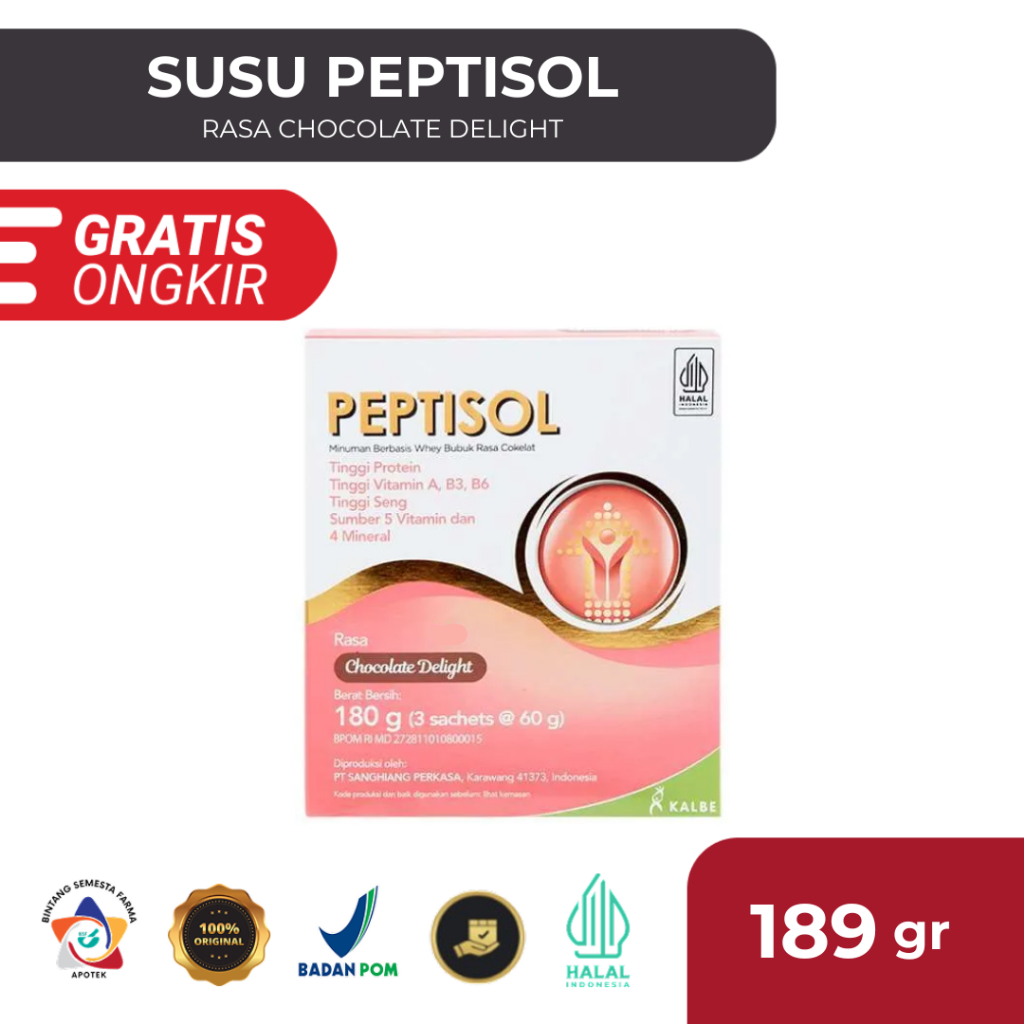 

Peptisol Chocolate Delight 180 Gram - Susu Tinggi Protein Pemulihan Pasca Sakit