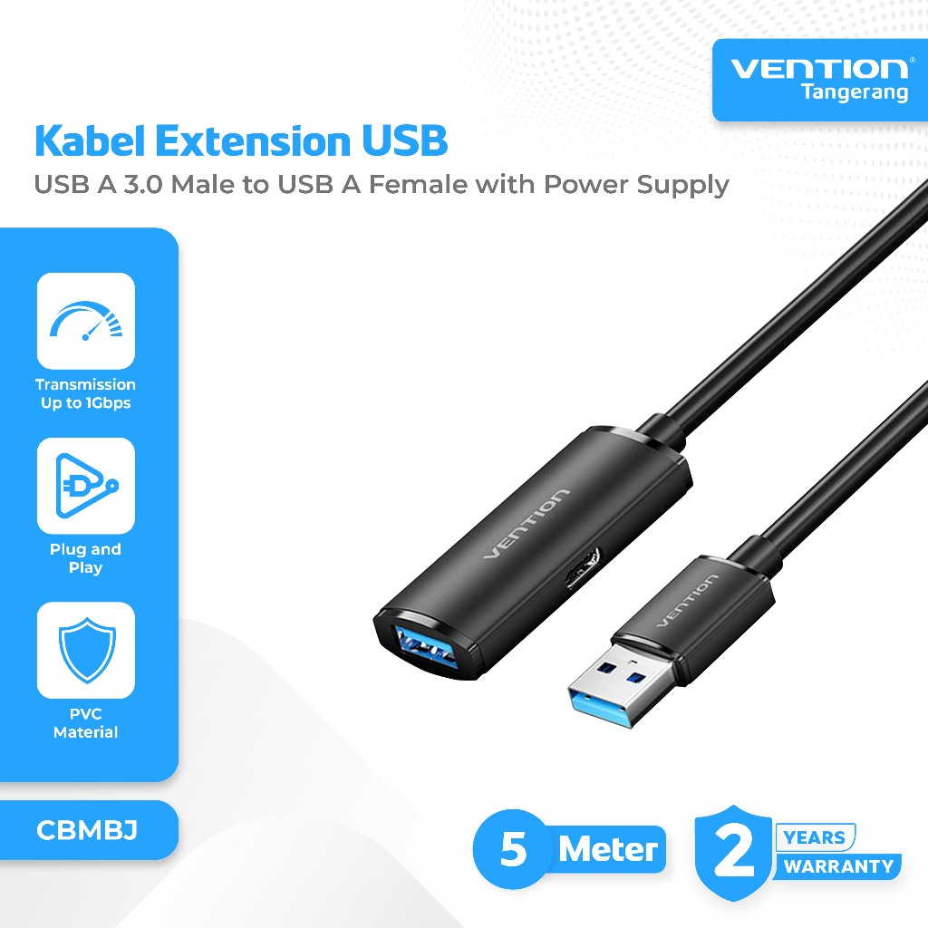 Vention Kabel Extension USB A 3.0 Male to USB A Female 1Gbps with Type C Power Supply 2A 5 Meter - C
