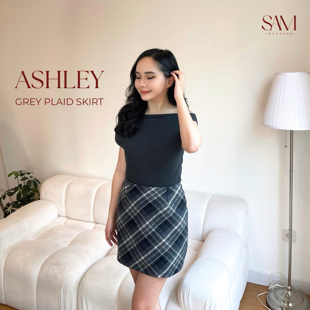 IWEARSAM - Ashley Skirt | Korean pattern skirt | Grey Mini Plaid Skirt | Rok Pendek Wanita | Rok mot