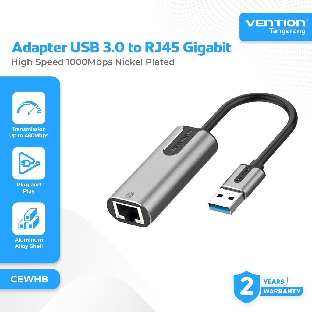 Vention Adapter USB 3.0 to RJ45 Gigabit Ethernet High Speed 1000Mbps Nickel Plated - CEWHB