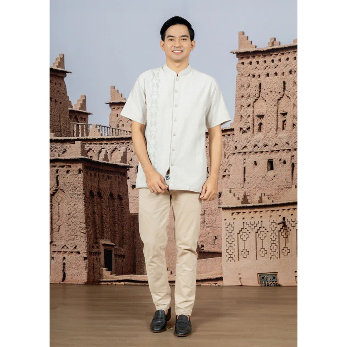 ELZATTA Koko Bordir Casablanca Cream - Fashion Muslim Baju Koko Pria Dewasa Lengan Pendek Koko Motif