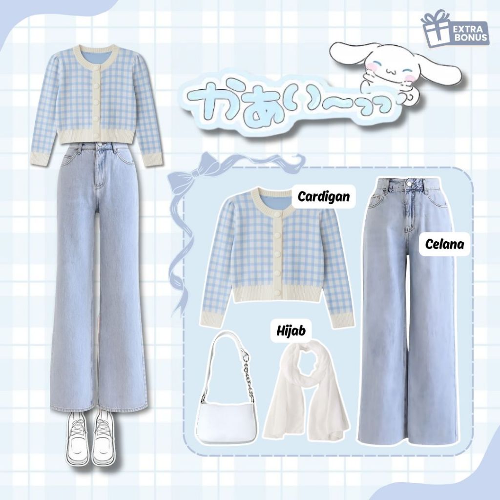 one set 3in1 cardigan + pasmina broken white ceruty + loose pants jeans | ootd outfit cewek wanita a