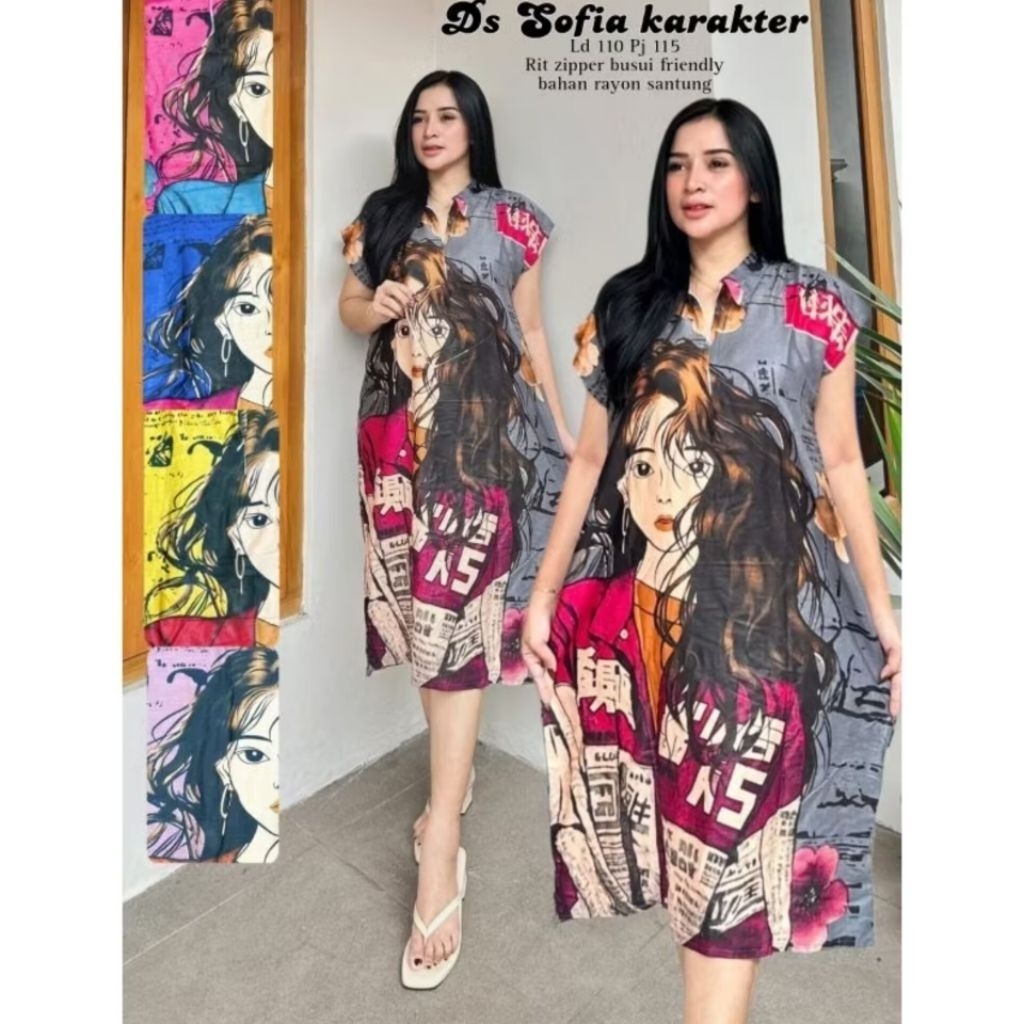 Daster Sofia karakter/ daster busui resleting/ dress Sofia kerah kekinian