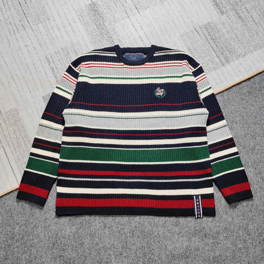 Romantic Crown Striped Ribbed Knitwear Sweater Crewneck