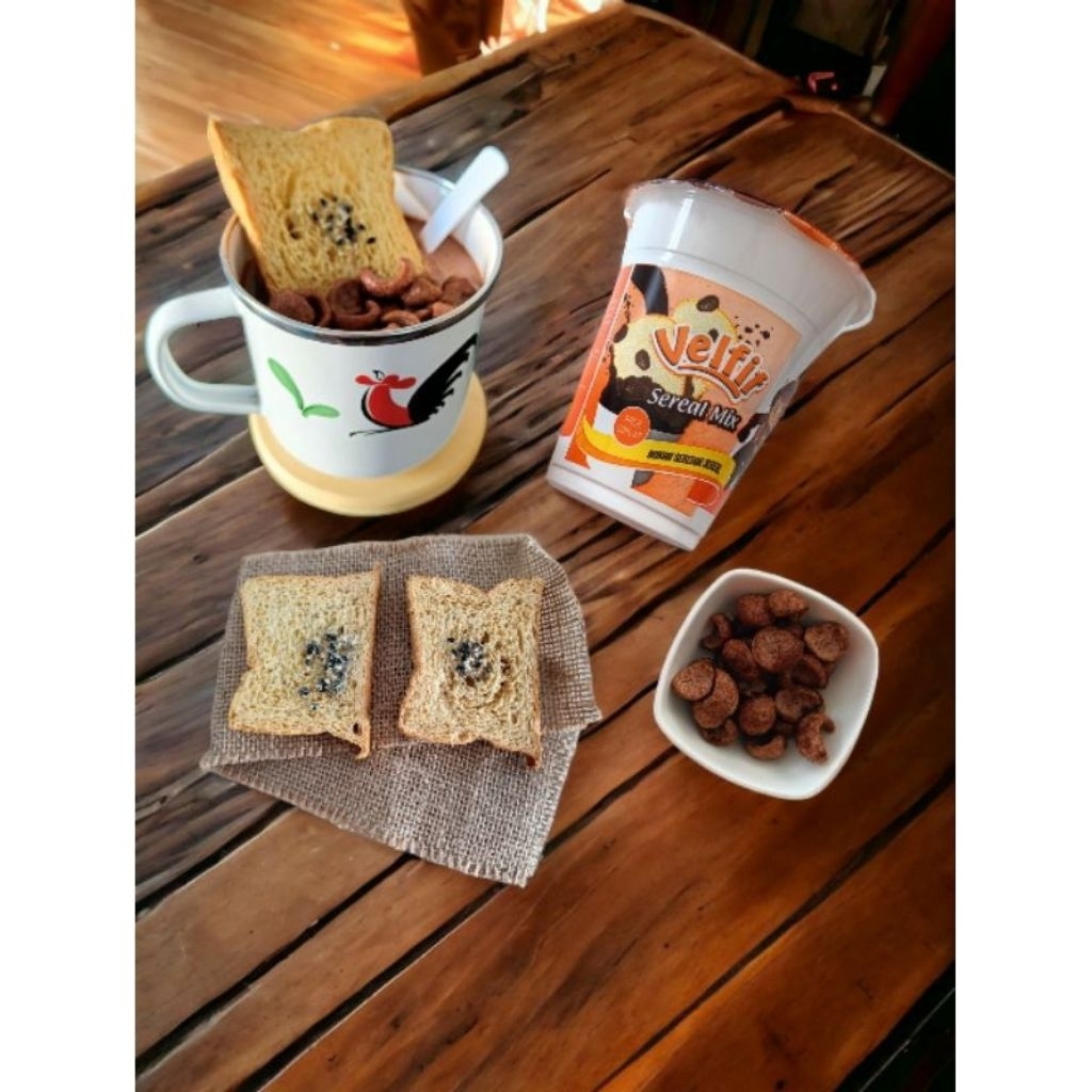 

12 cup velfit roti celup kering wijen lengkap dengan sereal