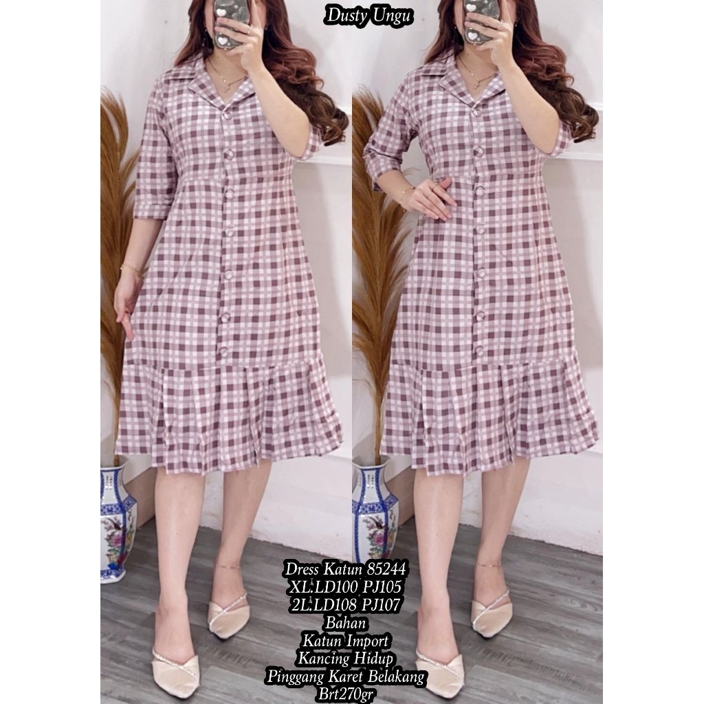 FER 85244 DRESS KATUN WANITA IMPORT / DRESS KOTAK-KOTAK WANITA / READY / REALPICT