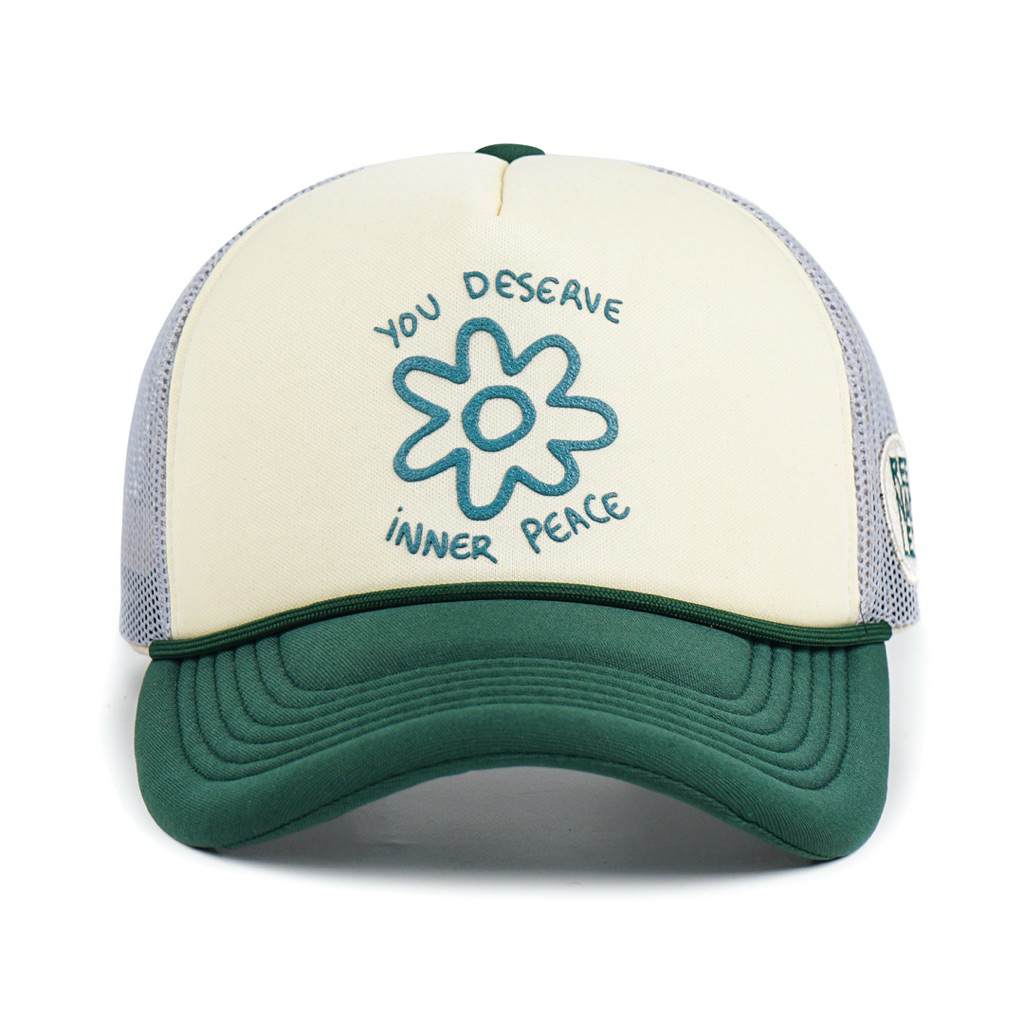 REENACLE | Topi trucker | You deserve inner peace krem & hijau botol jaring abu,topi unisex.