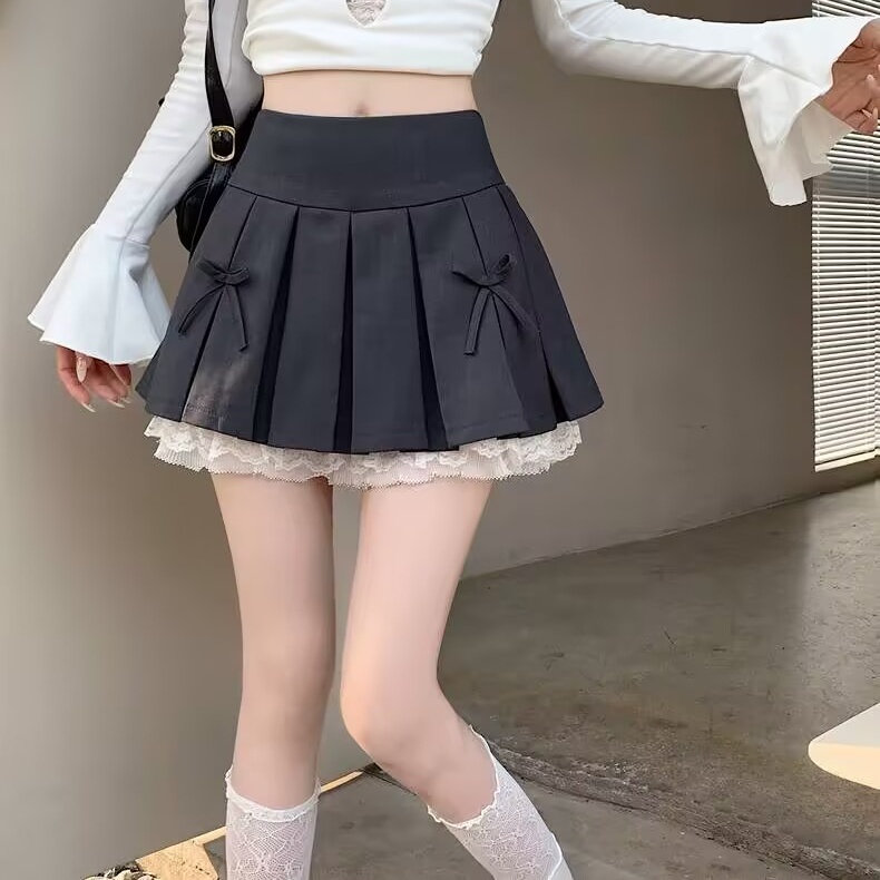 KATERMEN Rok pendek A-line rok lipit rok pendek patchwork tepi renda/rok lipit gaya Korea