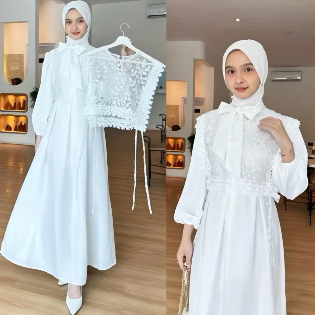 PREMIUM MAHARAJA ELEGANCE - DRESS PUTIH GAMIS BUSUI MUSLIMAH LOLI WANITA MODEL ROMPI TILLE BORDIR