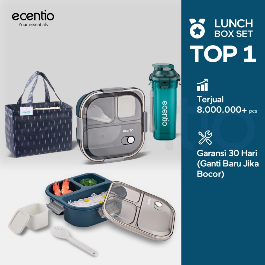 ecentio kotak makan anti tumpah 3 grid 1100ml /lunch box set tempat bekal makan tas bekal set