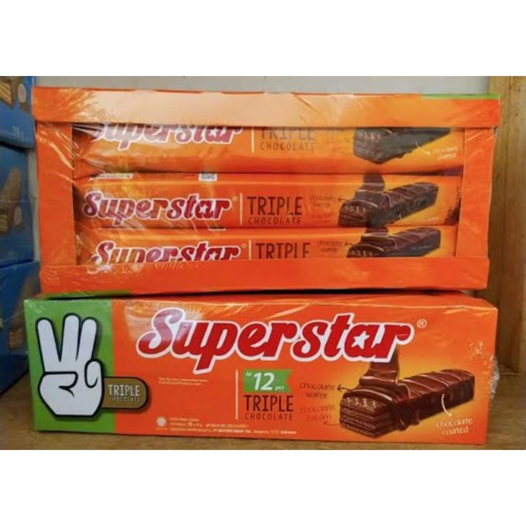 

Superstar Wafer Cokelat 1 Box 20 Pcs Renyah/SuperStar Wafer Triple Coklat 20 Pcs Kemasan Baru
