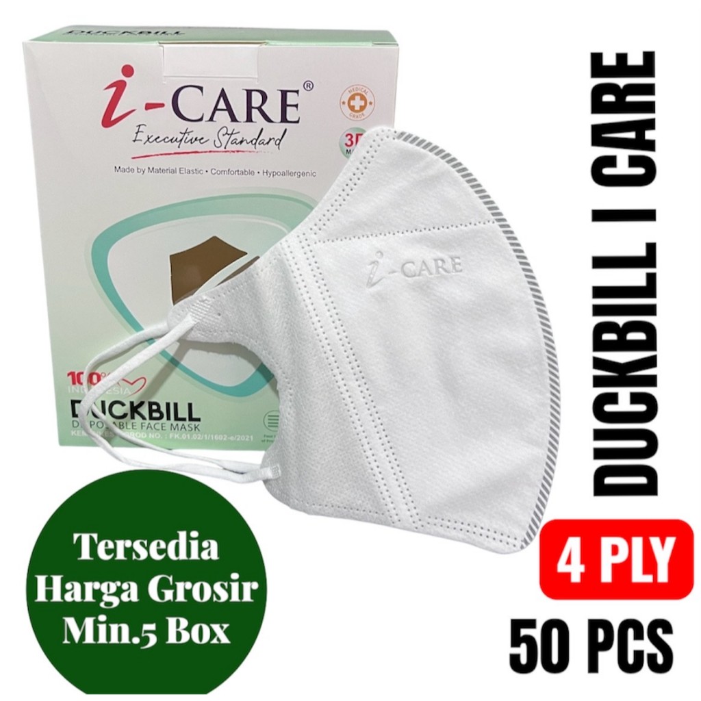 Masker Duckbill I Care Putih Hitam 4 ply isi 50 pcs Embos