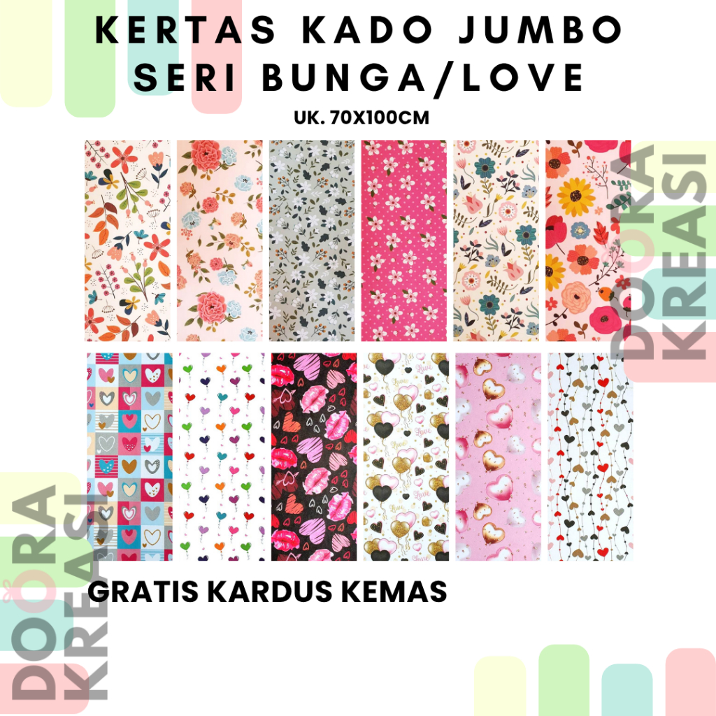 

Kertas Kado Wrapping Paper Premium uk JUMBO Seri Bunga/Love/Paris