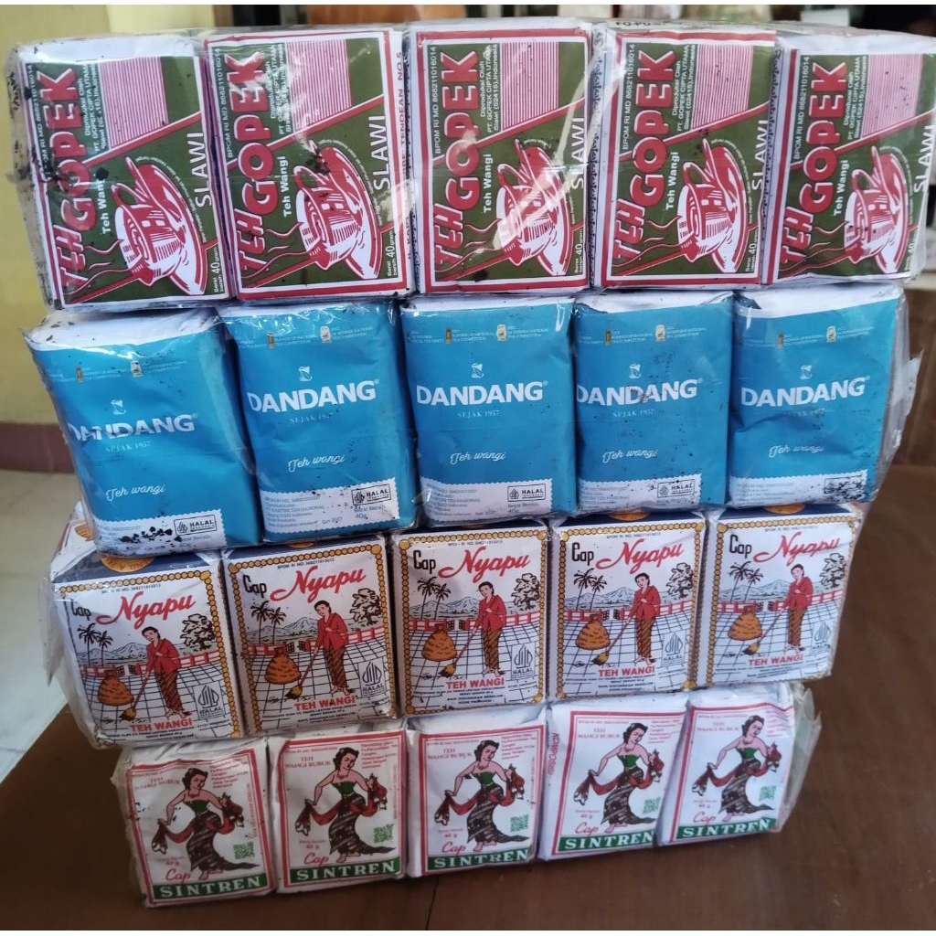 

3 SLOP/PACK TEH RACIAN ISI TEH SINTREN TEH NYAPU DANDANG BIRU DAN TEH GOPEK (PER SLOP ISI 10X40GR)