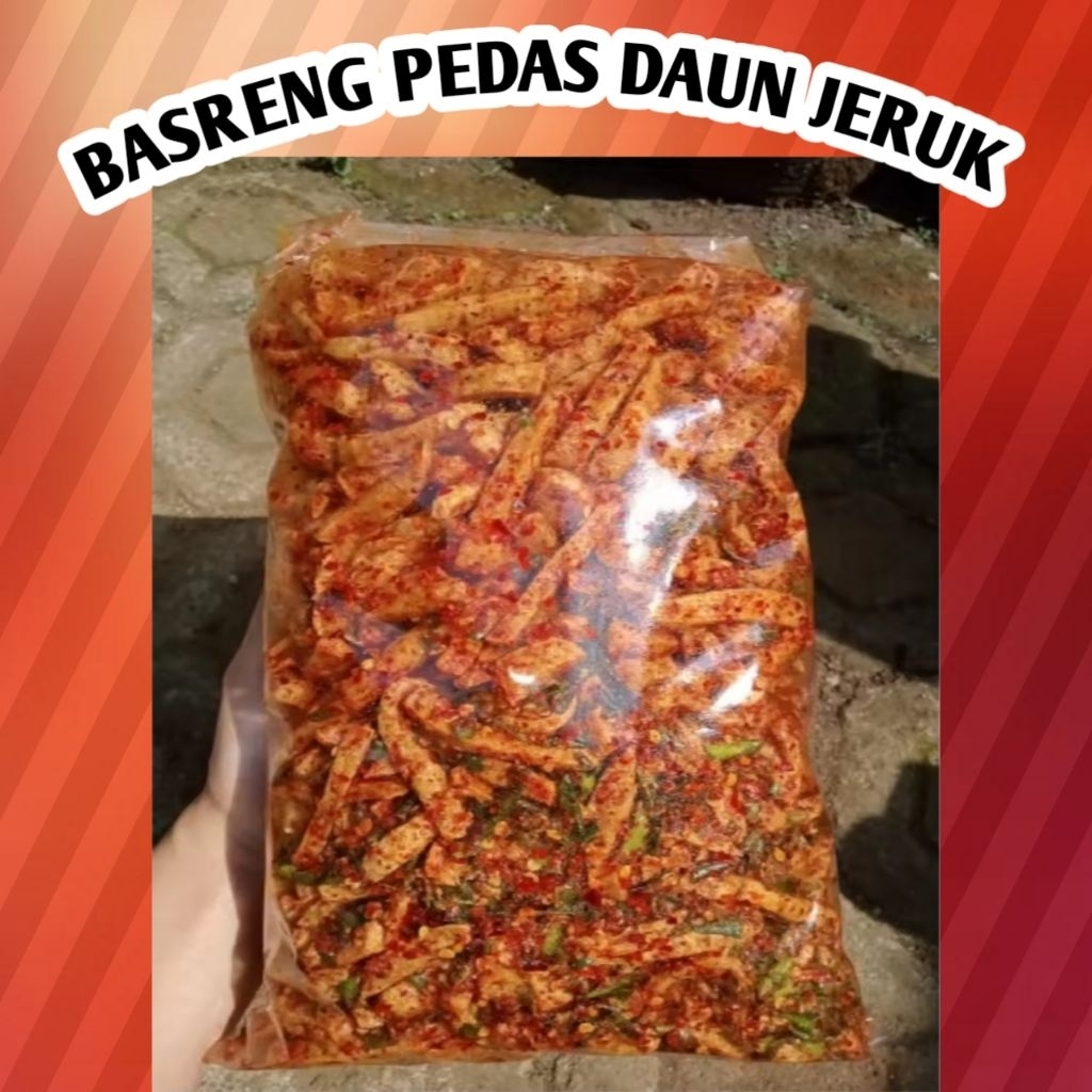 

basreng pedas daun jeruk, basreng original daun jeruk, tersedia dua varian rasa , pedas dan original