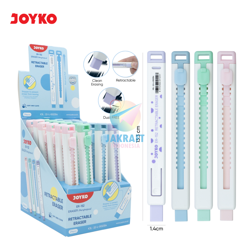 

(24 Pcs) GROSIR Penghapus Mekanik Segala Pensil JOYKO ER-152 Pastel Retractable Slide Dust Free Clean Erasing Mechanical Pencil Eraser Pasti Bersih Tanpa Ampas | BOX