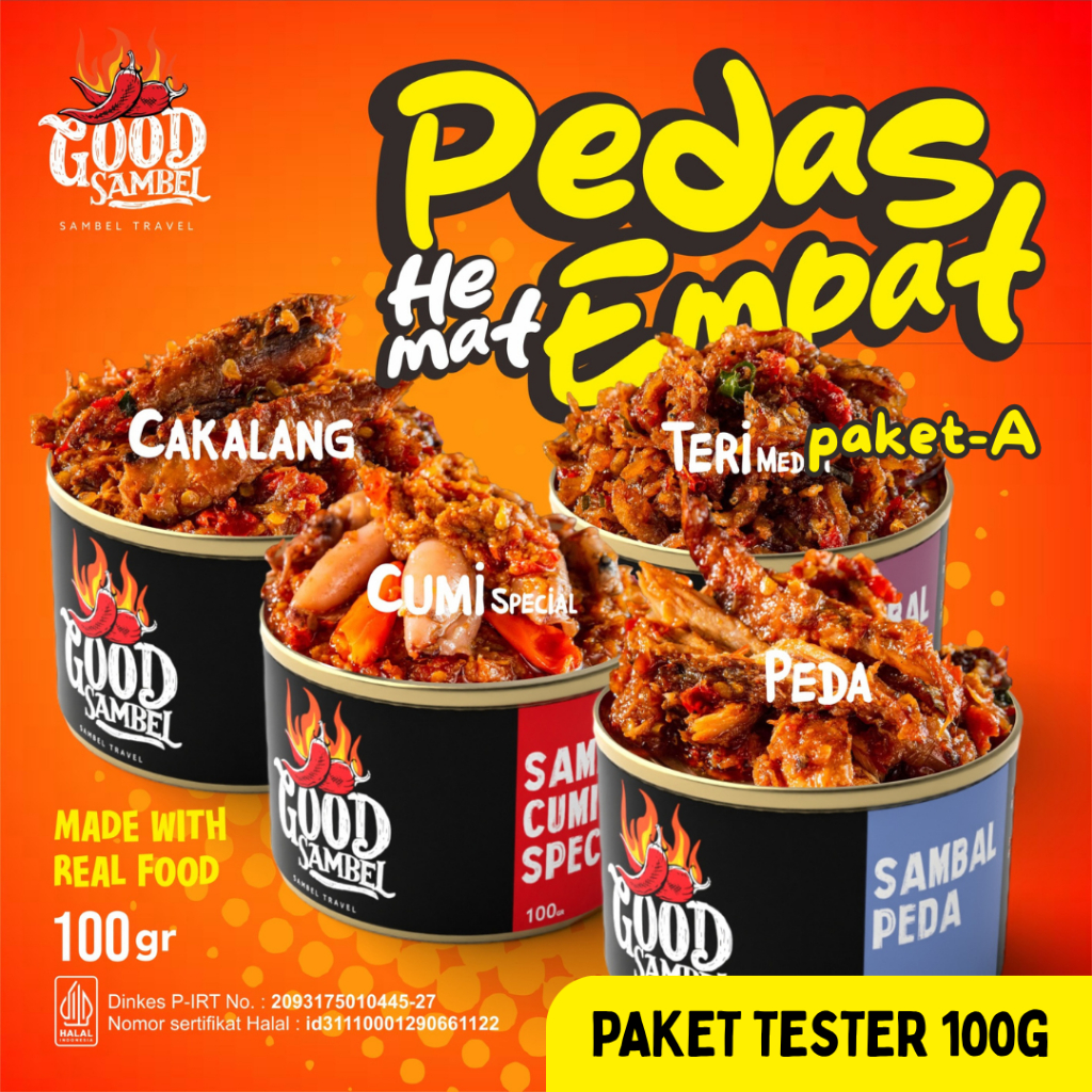 

Paket Sambal Isi 4 pcs x 100g – GOOD SAMBEL (Cumi, Cakalang, Peda, Teri) | Produk Tester