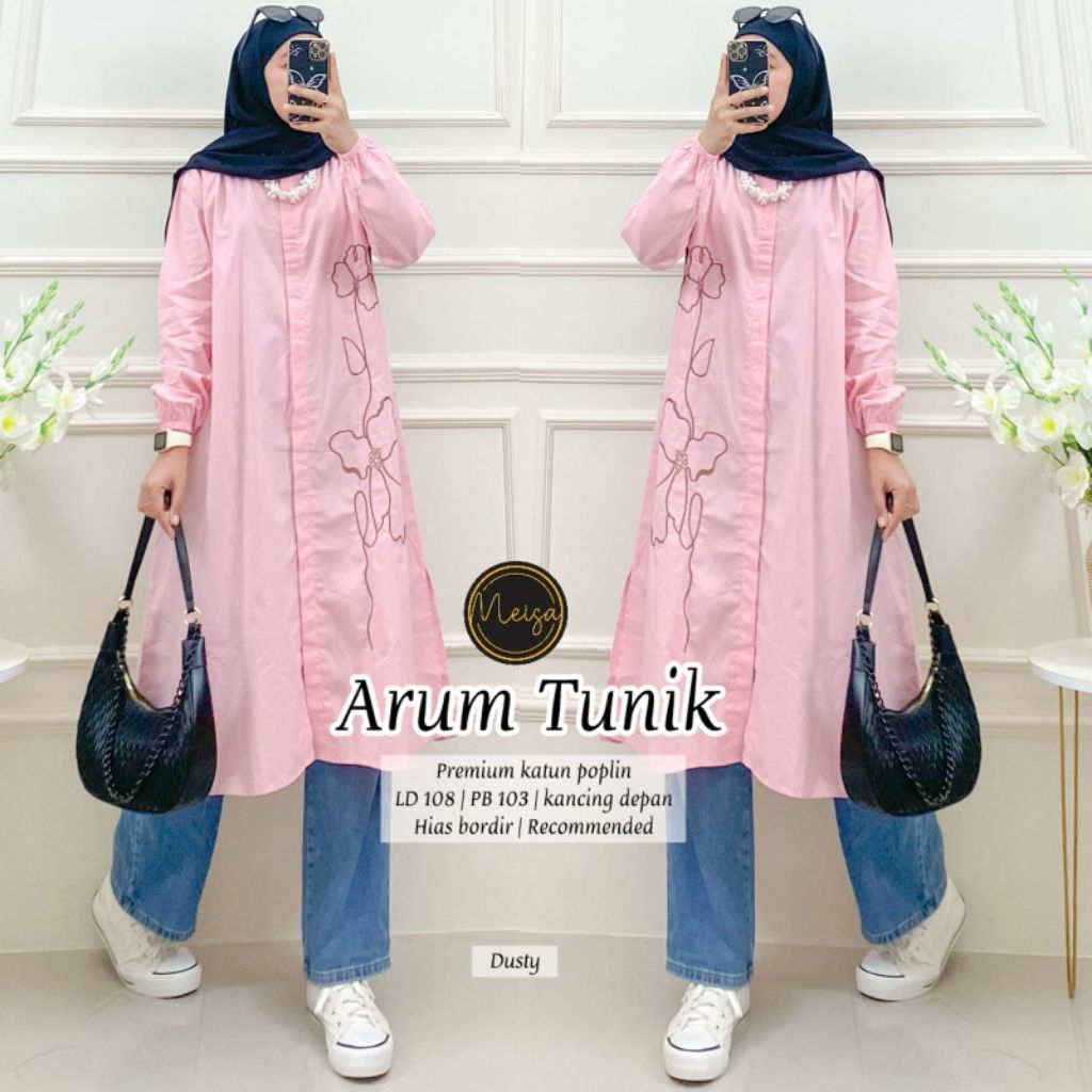 Arum Tunik Katun Bordir Bunga Long Tunik Motif Terlarus