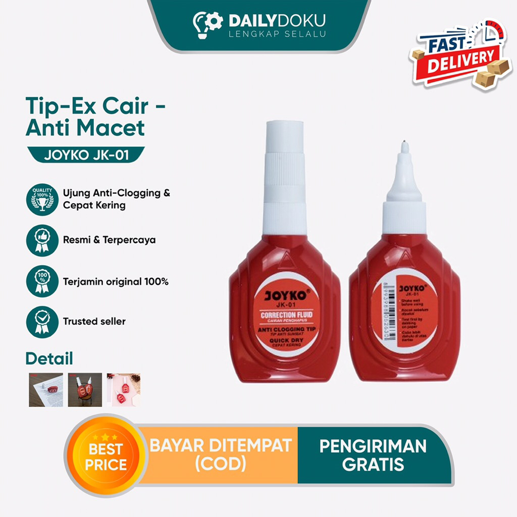

Tipe X Cair Joyko JK-01 – Correction Fluid Anti Macet & Cepat Kering