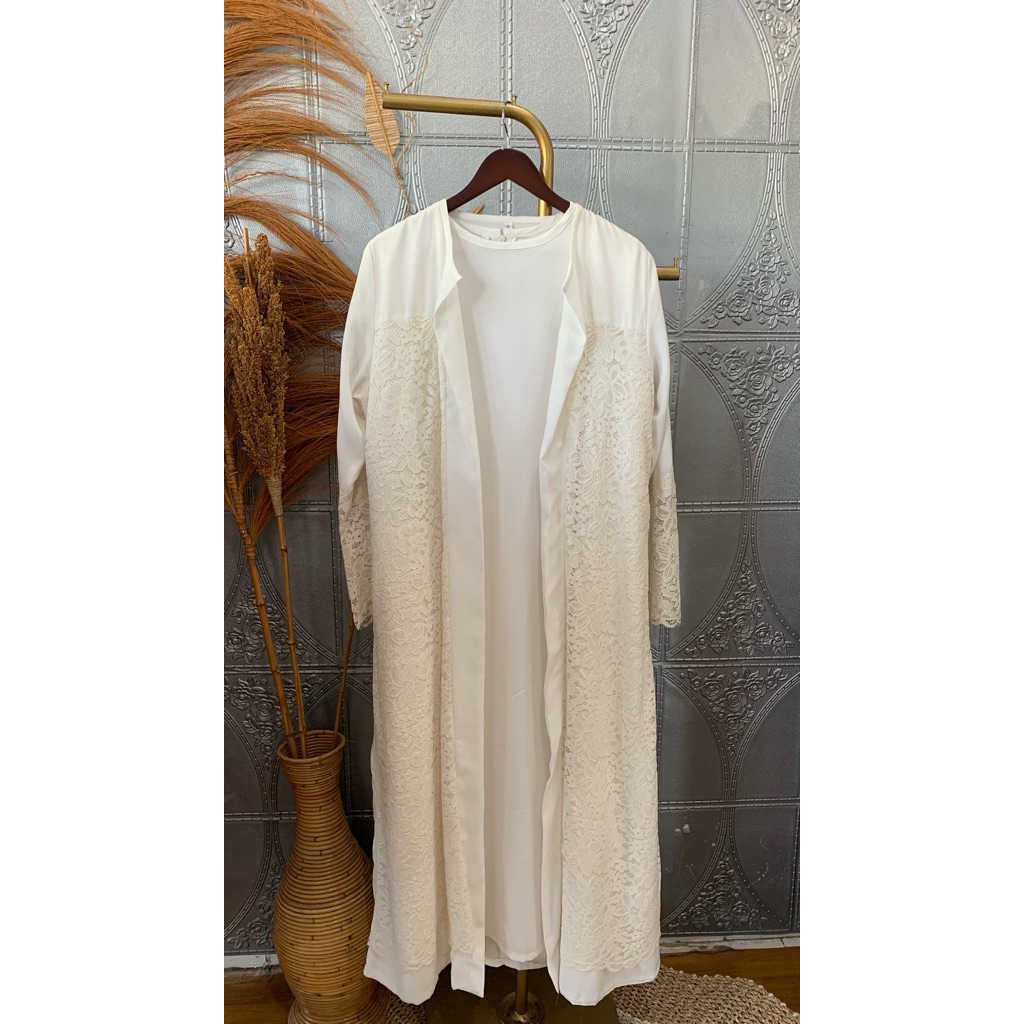 gamis wanita putih mix brokat set outher