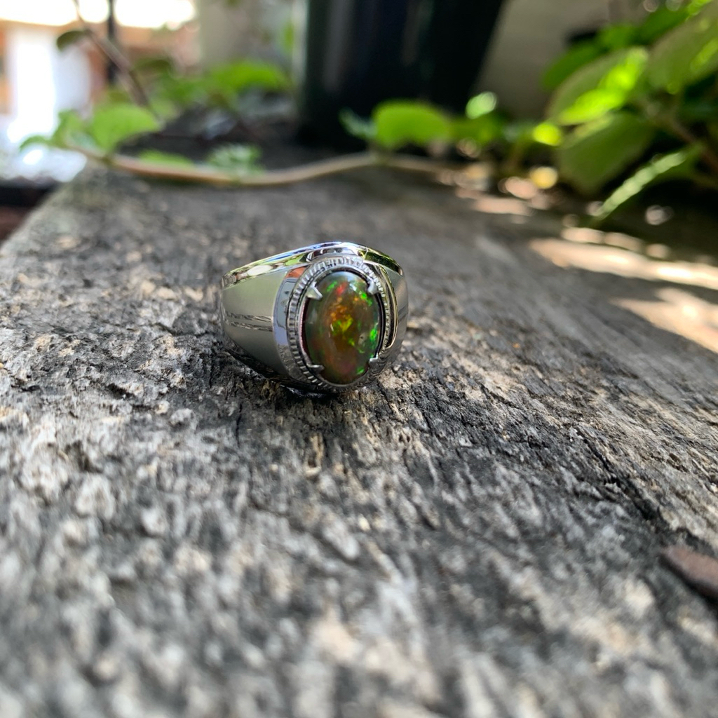 Cincin Batu Permata Black Opal Kalimaya HQ Jarong Siang Malam Tanpa Senter Ring Monel Doff Handmade 